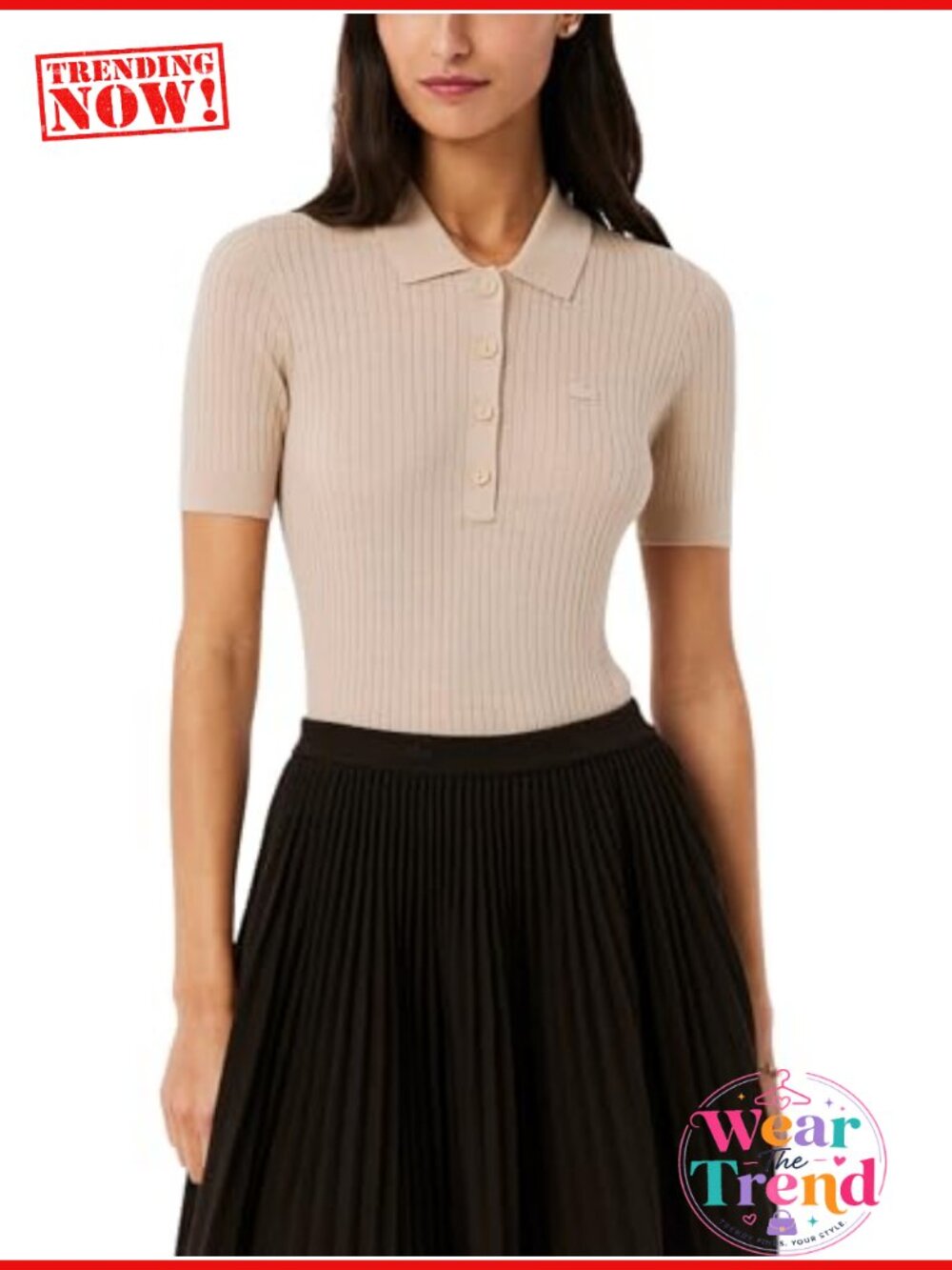 Superfine Merino Wool 3D Rib Knit Polo Collar Short Sleeve Sweater